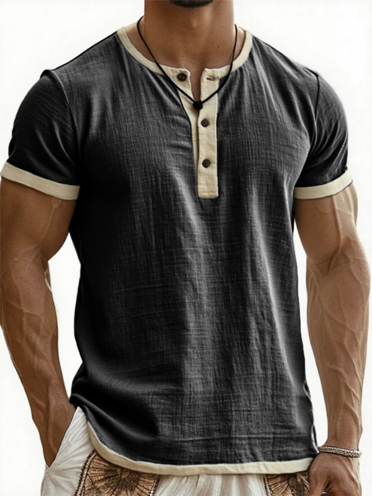 Men's Breathable Linen Contrast Pleated Resort Henley Top