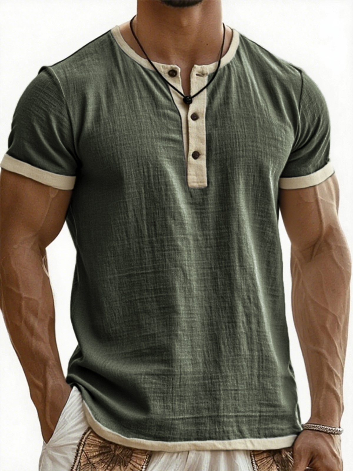 Men's Breathable Linen Contrast Pleated Resort Henley Top