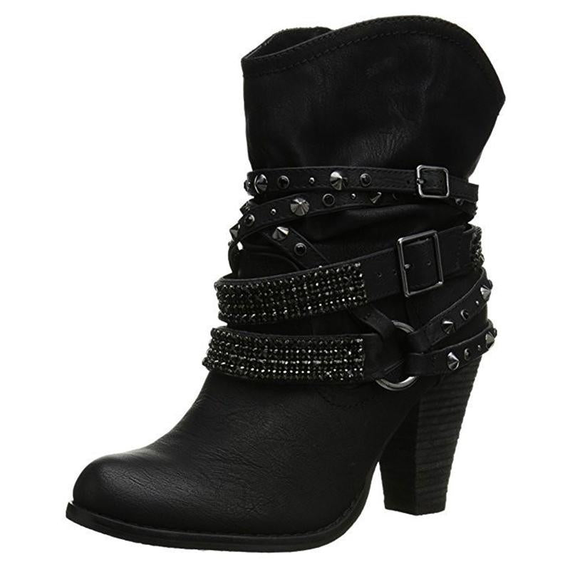 Women Fashion Short Rhinestone Booties Studded Strap Buckle Round Toe