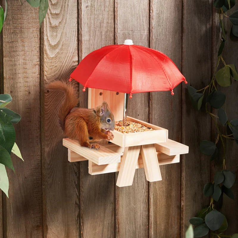 Wooden Squirrel Feeder Cute Picnic Table Design Umbrella Top