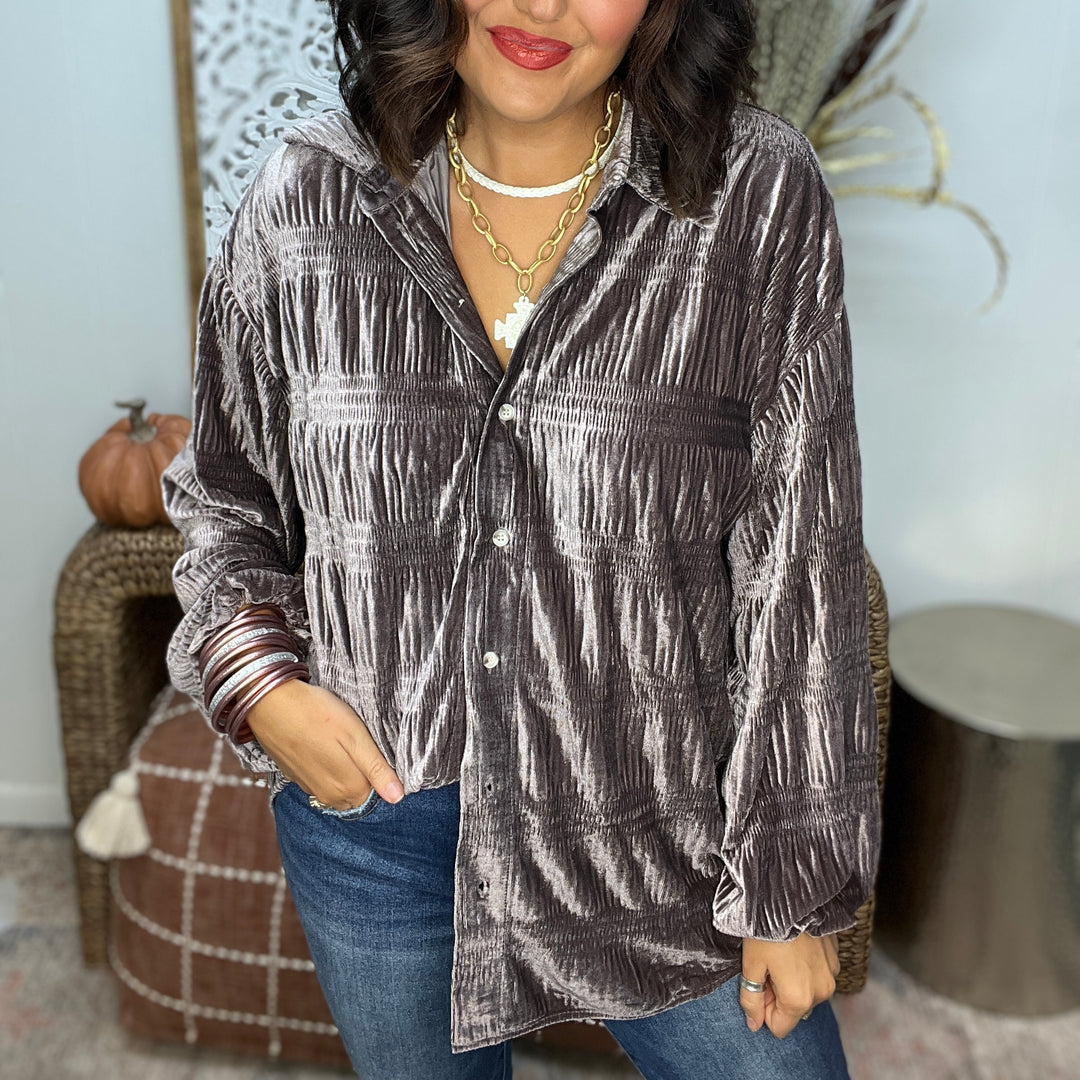 Shirred Velvet Button Down Top