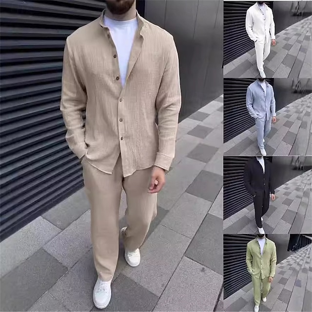 Men's 2 Piece Shirt Set Matching Sets Cotton & Linen Button Up Shirt + Pant sets