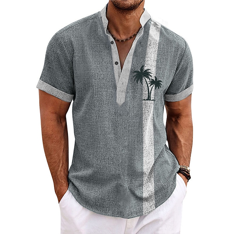 Men's Shirt Linen Shirt Beach Shirt Coconut Tree Outdoor Vacation Light Green Navy Blue Blue Brown Short Sleeve Stand Collar Summer Spring Clothing Apparel Print