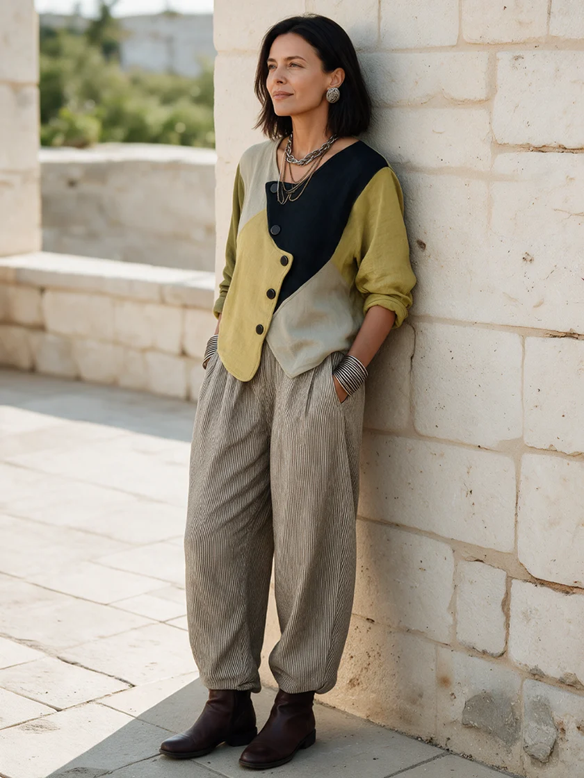 Women's Classic Autumn Color-Block Cotton-Linen Long-Sleeve Shirt