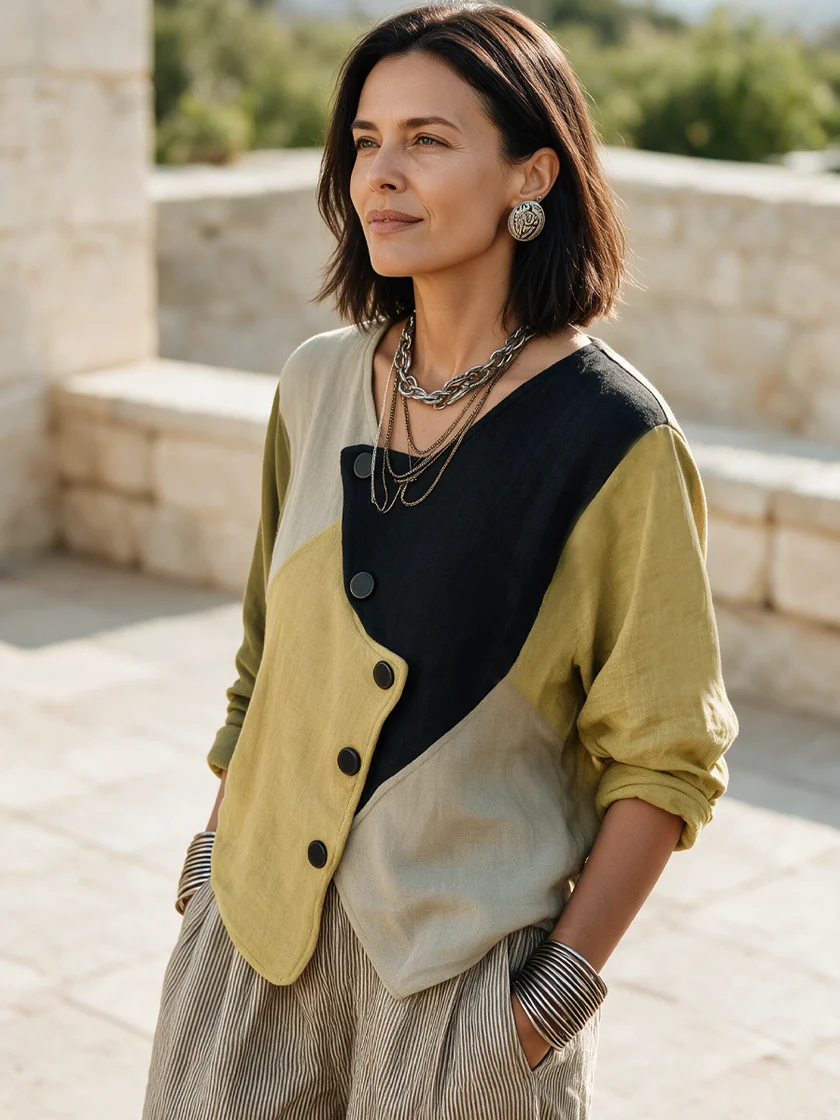 Women's Classic Autumn Color-Block Cotton-Linen Long-Sleeve Shirt
