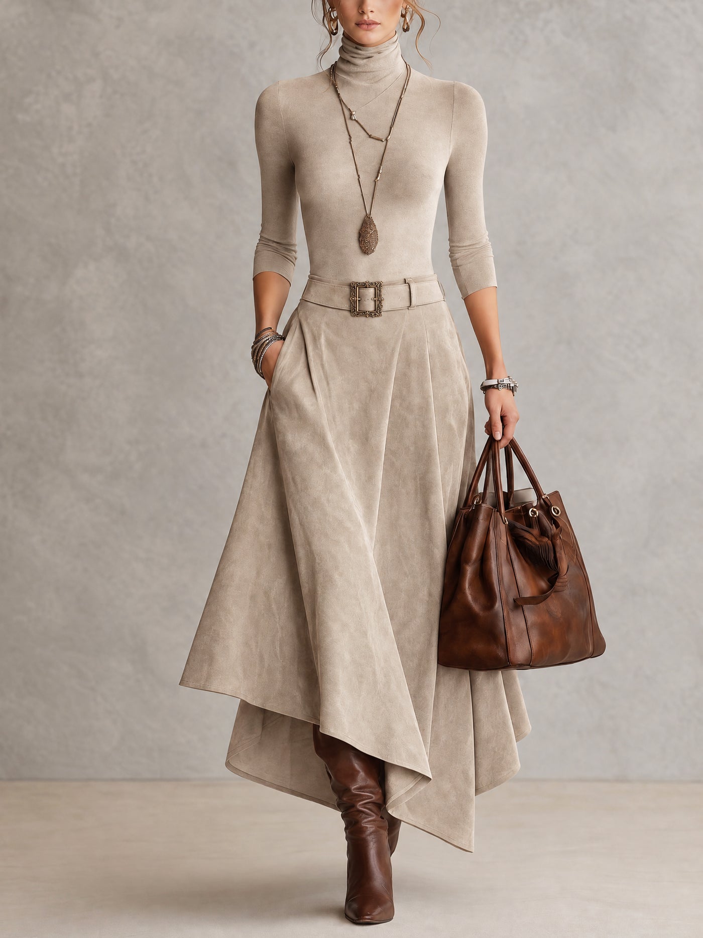 Suede skirt two-piece set (includes belt)