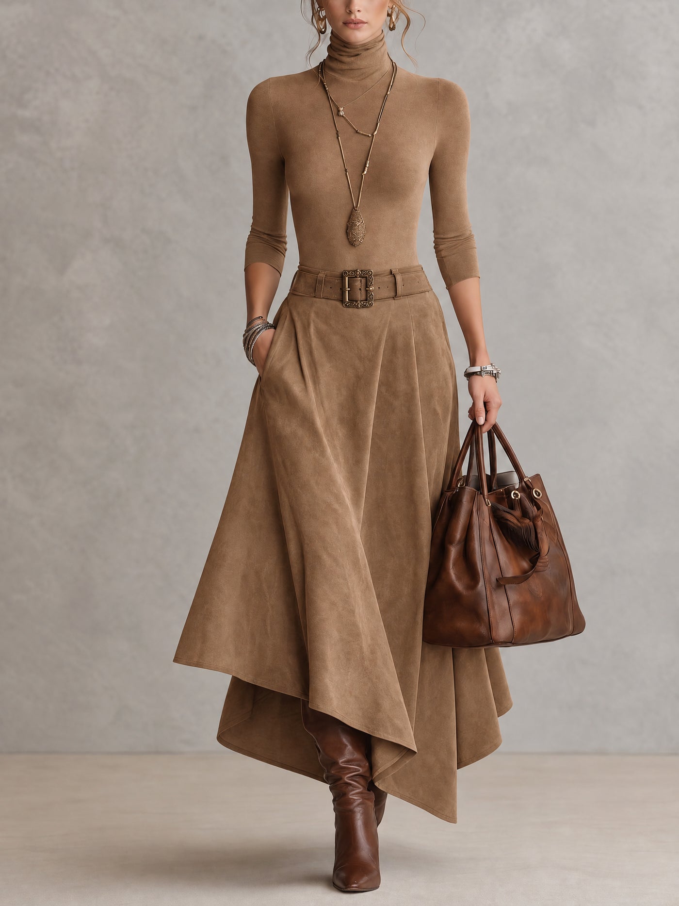 Suede skirt two-piece set (includes belt)