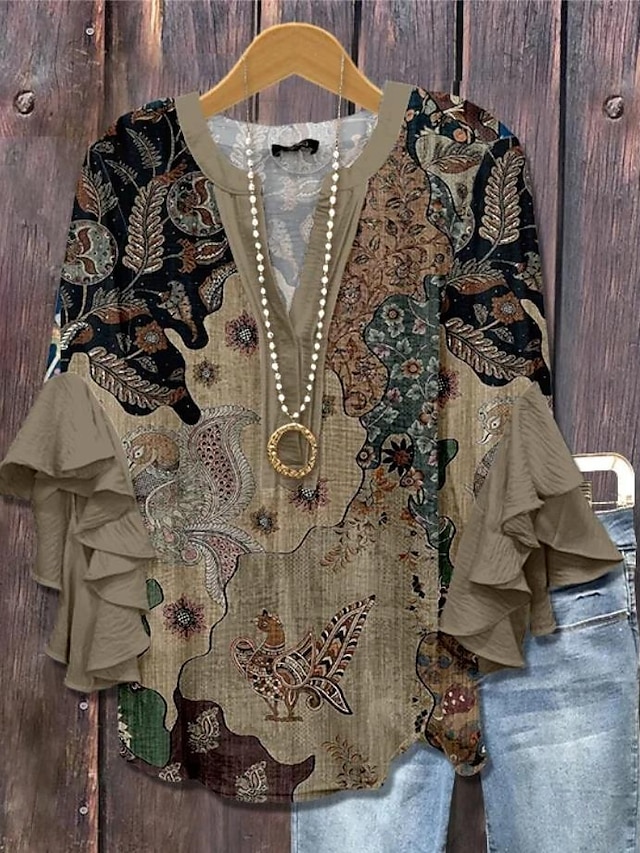 Women's vintage blouse-style multi-layer ruffled top with 3D printed vintage floral pattern, 3/4 length sleeves