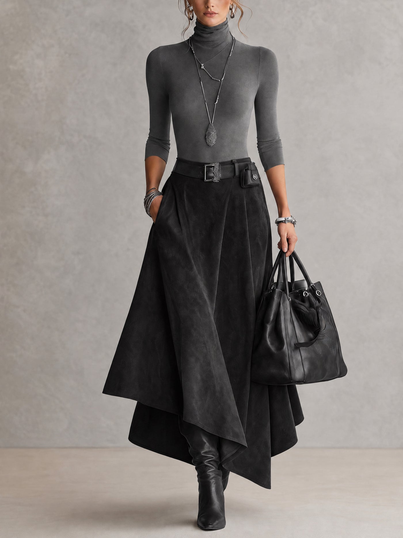 Suede skirt two-piece set (includes belt)