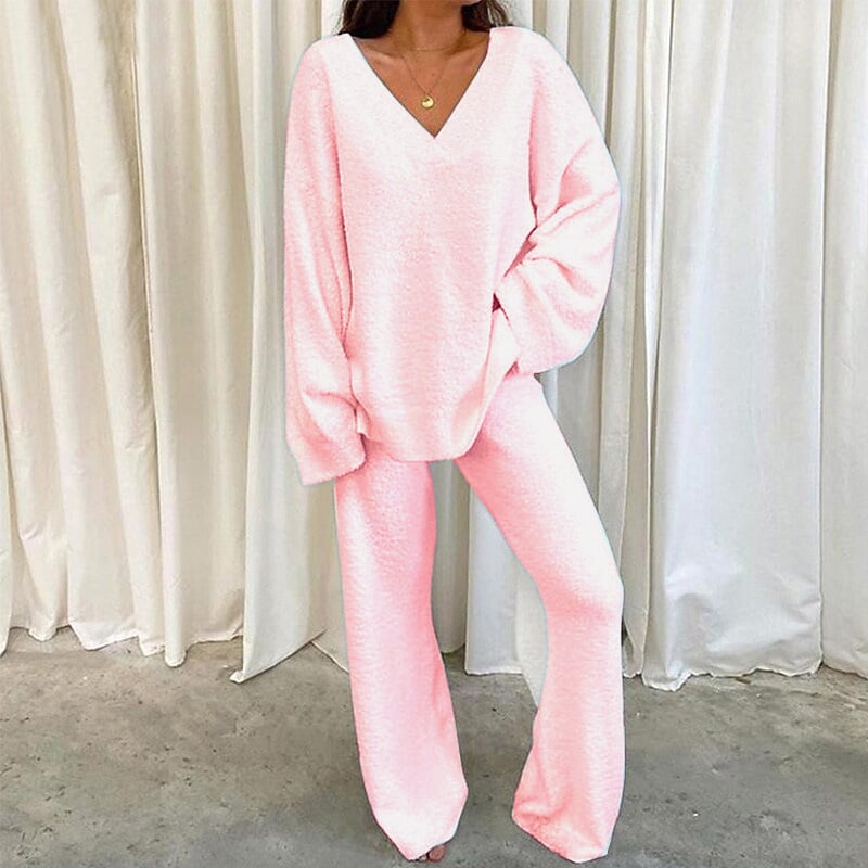 PRETTYGARDEN Women's 2-Piece Lounge Set Soft Chunky V Neck Tops & Wide Leg Long Pants Basic Tracksuit Loungewear Minimalist Homewear Pajama[Buy 2 Free Shipping]