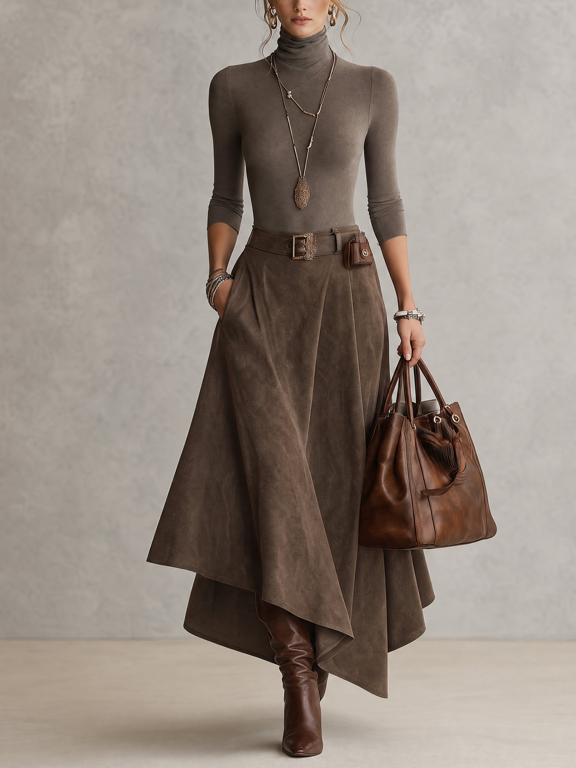Suede skirt two-piece set (includes belt)
