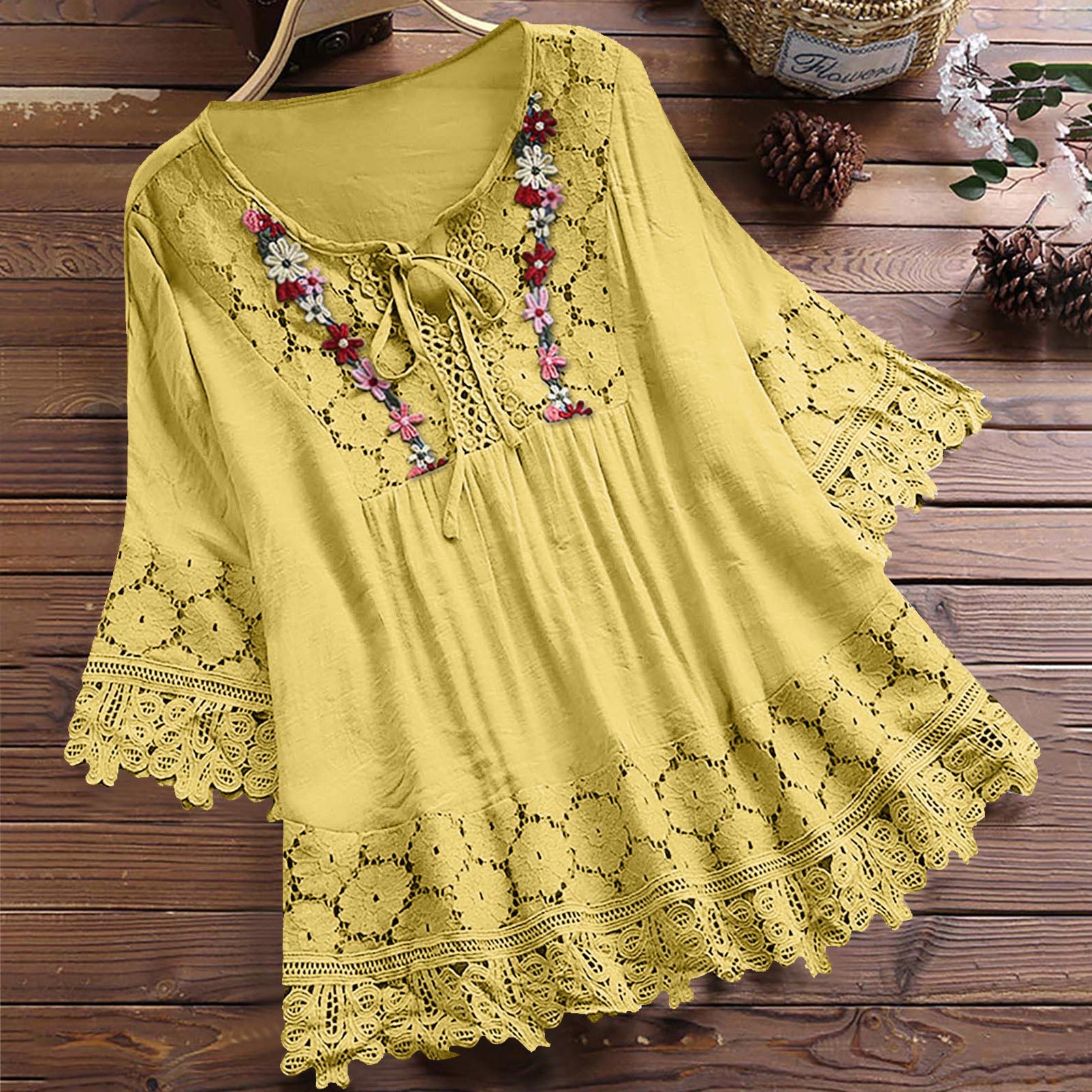 Women's Blouses Loose Belted Lace 3/4 Sleeves Blouse