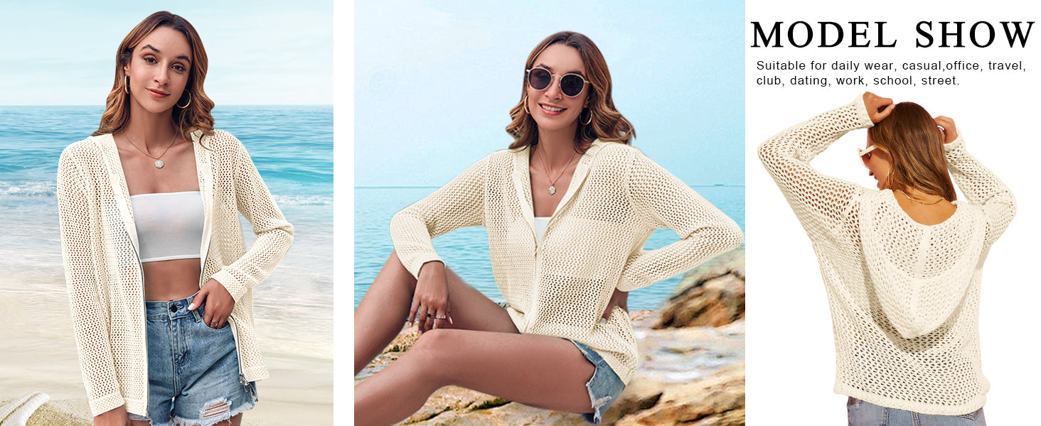 Women's Crochet Lightweight Cardigan Zip Up Hooded Long Sleeve Knit Sweater Mesh Beach Swim Cover Up