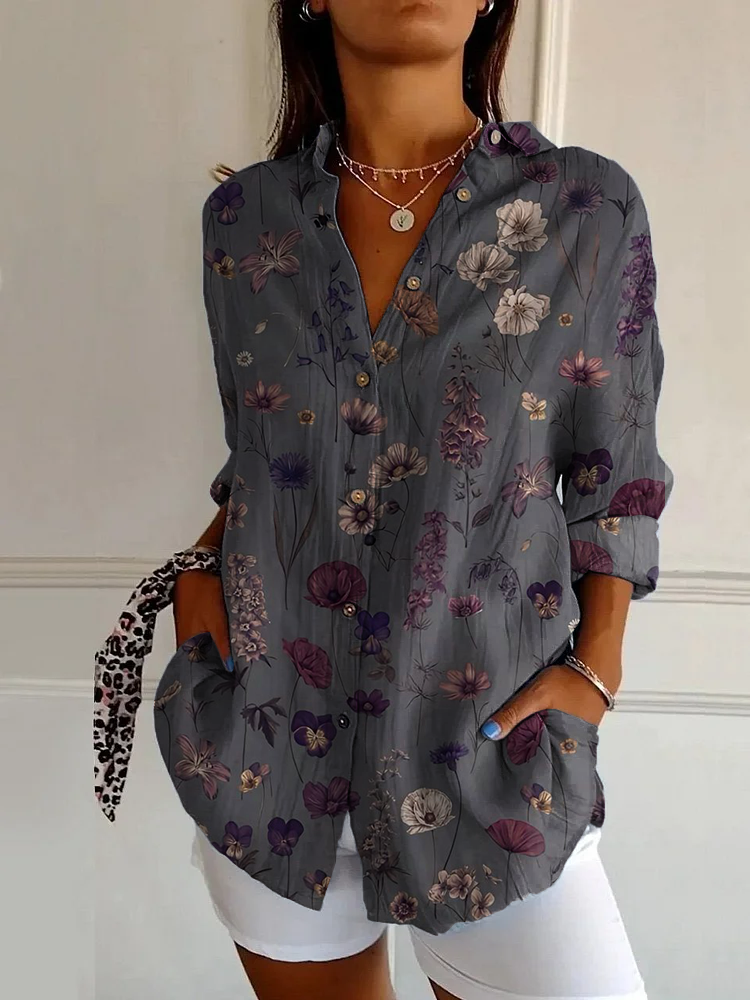 WOMEN'S ABSTRACT LINE COTTON LINEN SHIRT