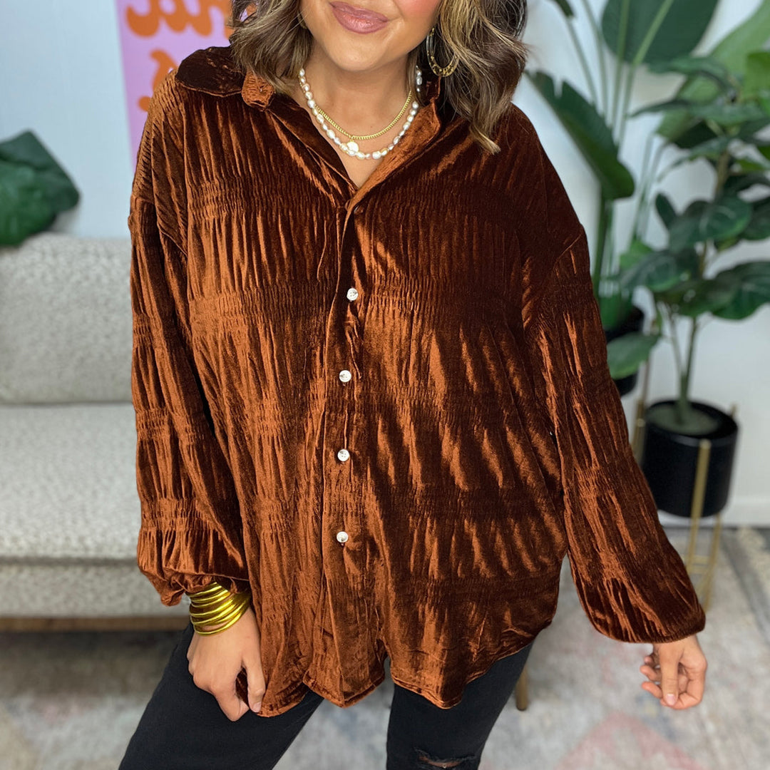 Shirred Velvet Button Down Top