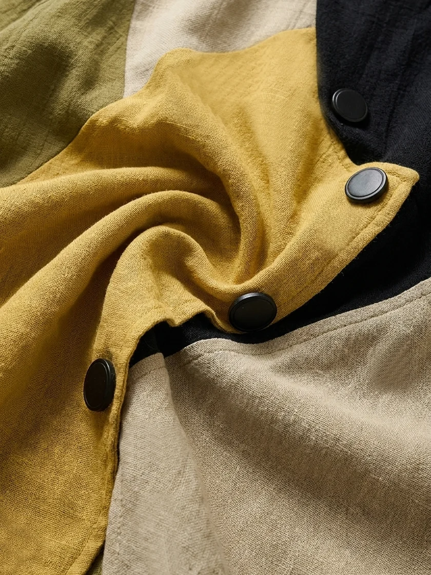 Women's Classic Autumn Color-Block Cotton-Linen Long-Sleeve Shirt