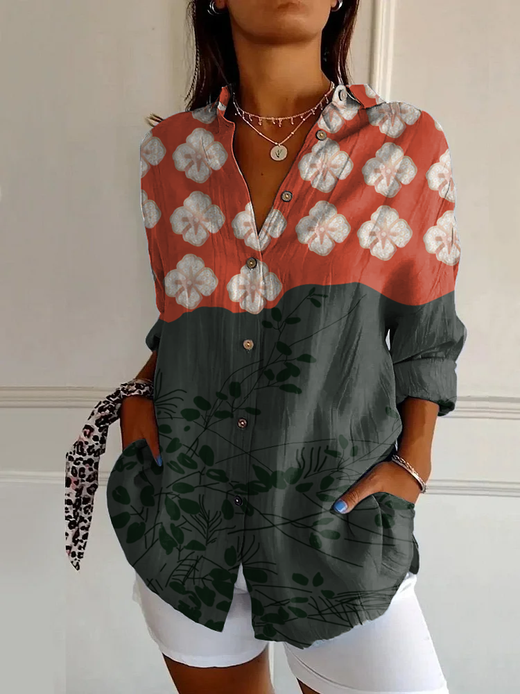 WOMEN'S ABSTRACT LINE COTTON LINEN SHIRT