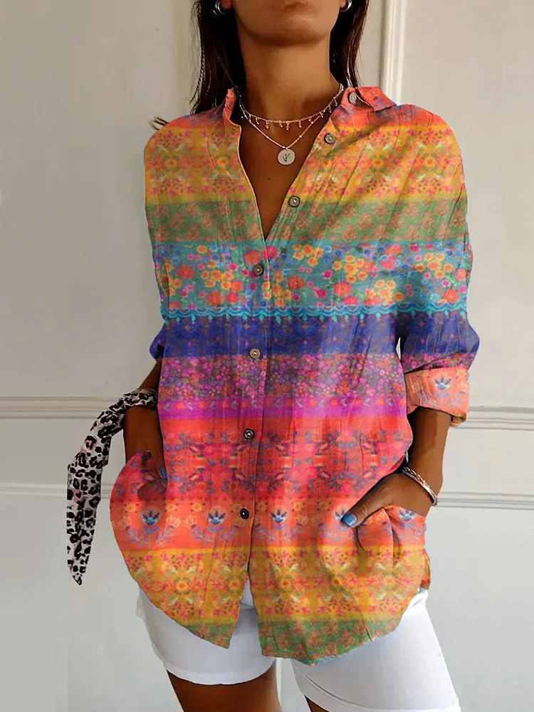 WOMEN'S ABSTRACT LINE COTTON LINEN SHIRT