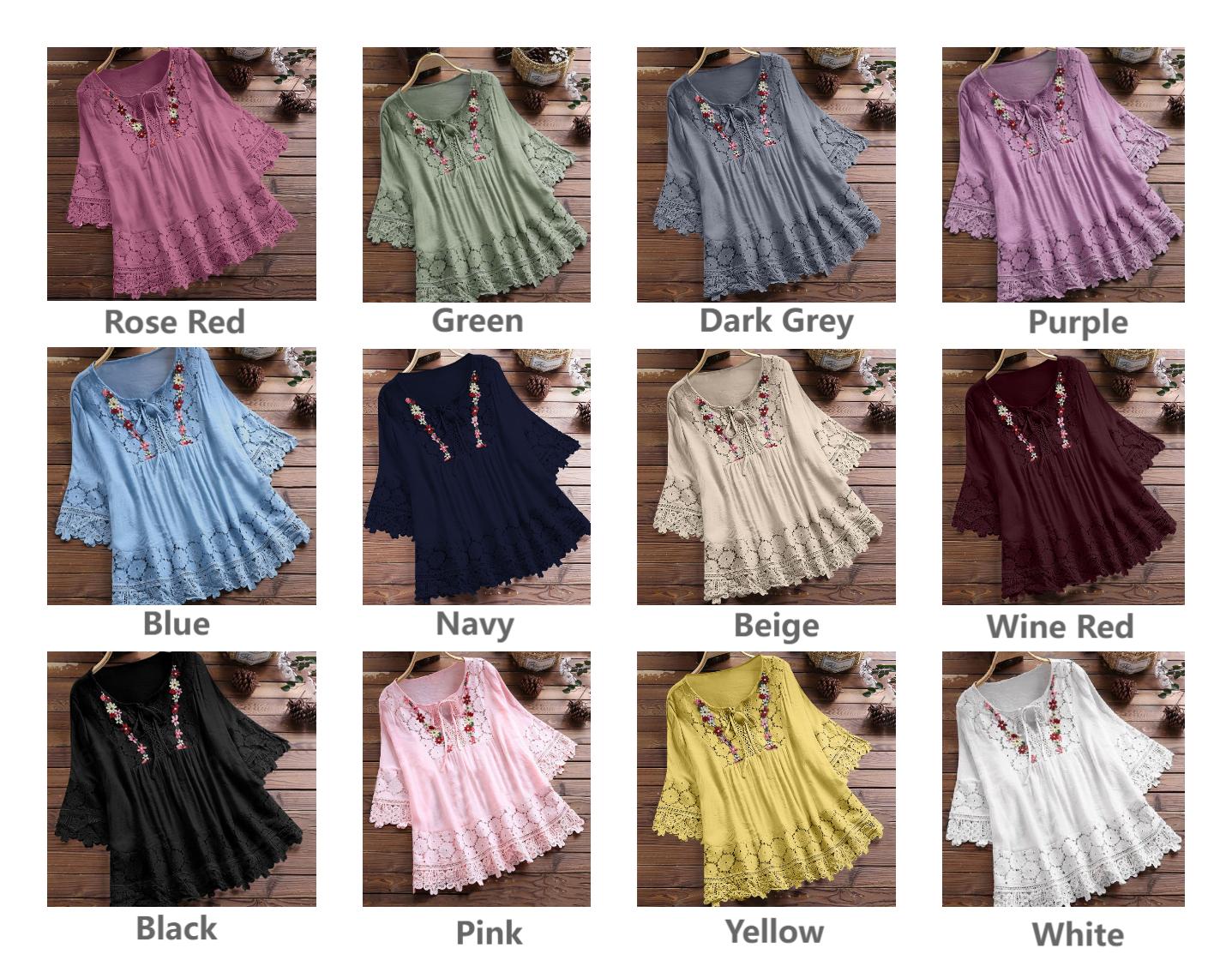 Women's Blouses Loose Belted Lace 3/4 Sleeves Blouse
