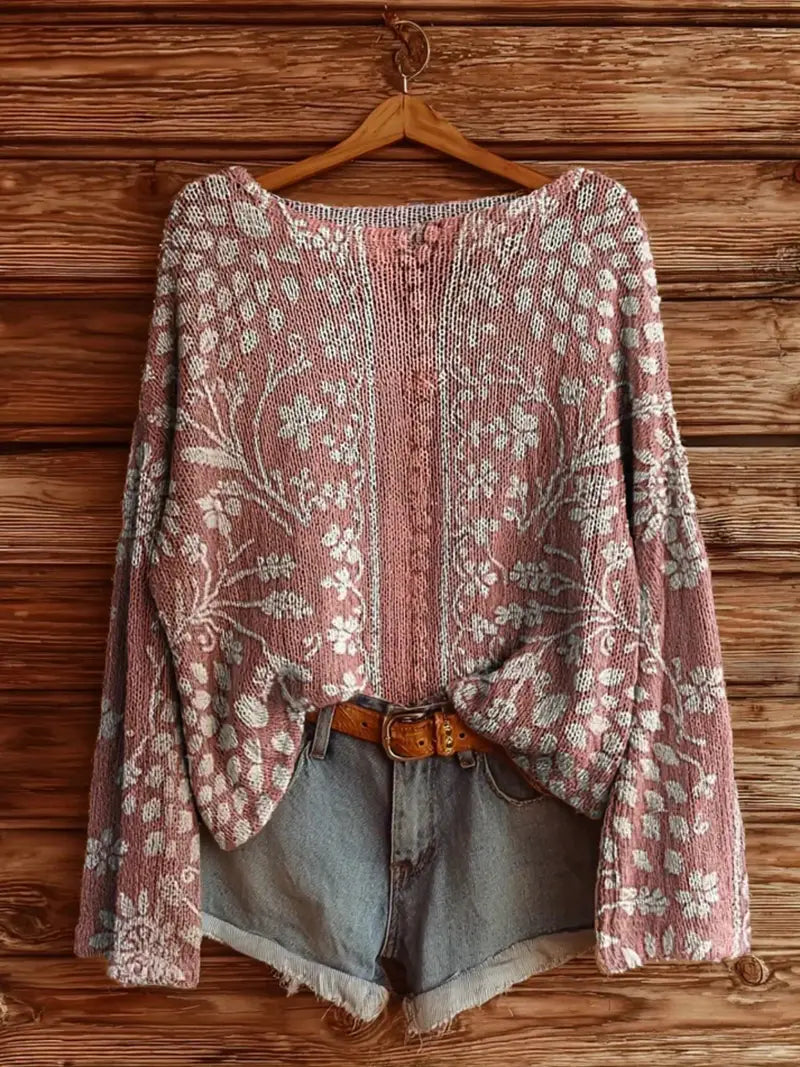 Women's Pink Floral Print Sweater - 3D Digital Floral Print High Neck
