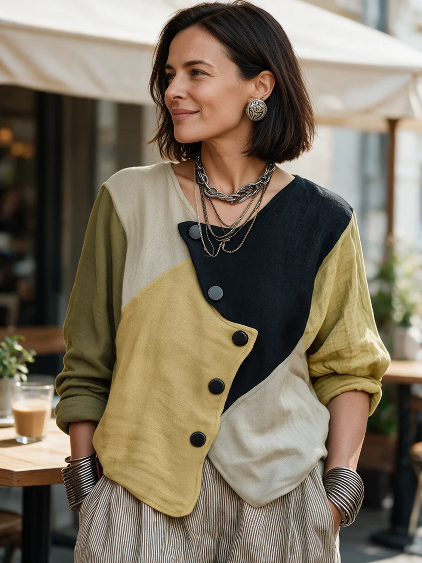 Women's Classic Autumn Color-Block Cotton-Linen Long-Sleeve Shirt
