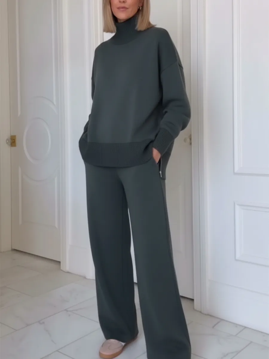 Casual Travel Stand Collar Side Zipper Top Straight Pants Two-Piece Se