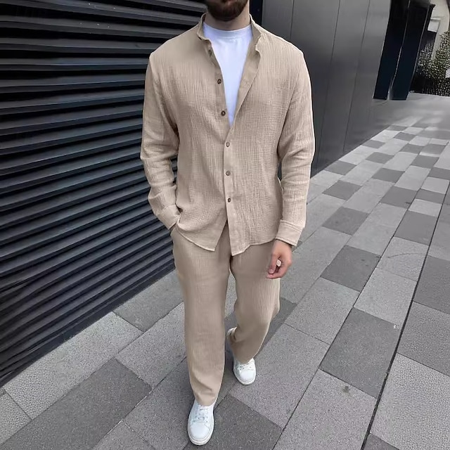 Men's 2 Piece Shirt Set Matching Sets Cotton & Linen Button Up Shirt + Pant sets