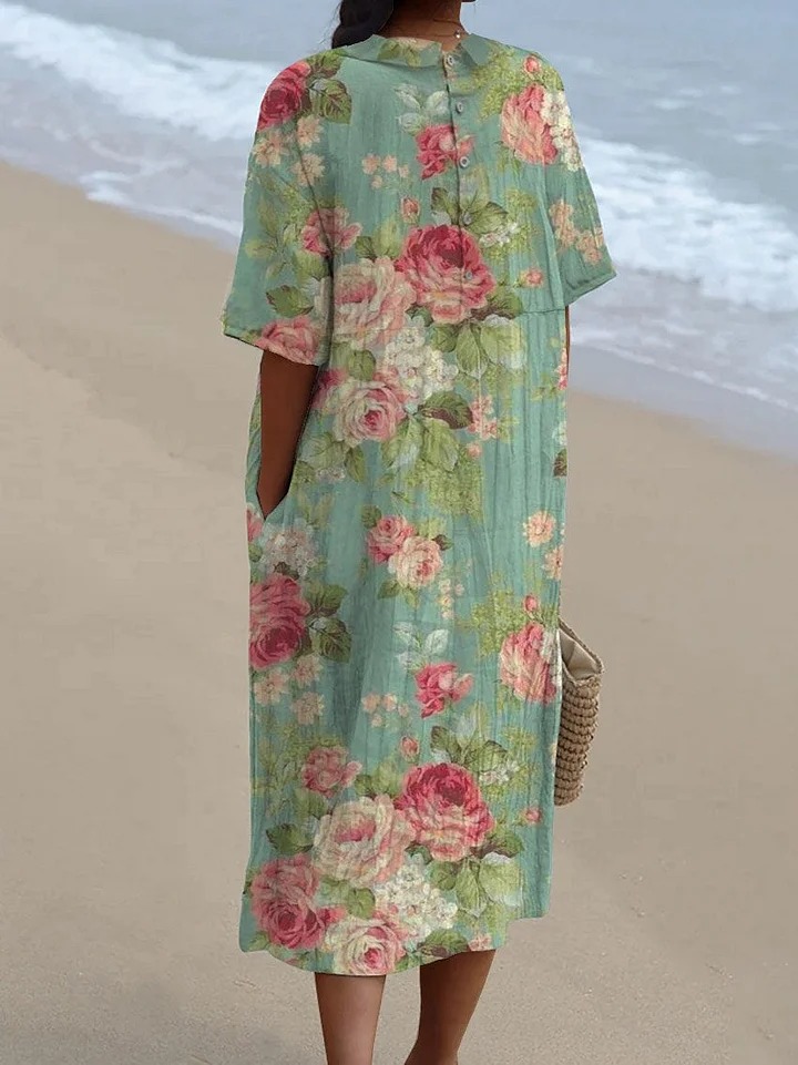 Women's Vintage Floral Art Print Pocket Linen Dress（Convertible Dress With Front And Back Option）