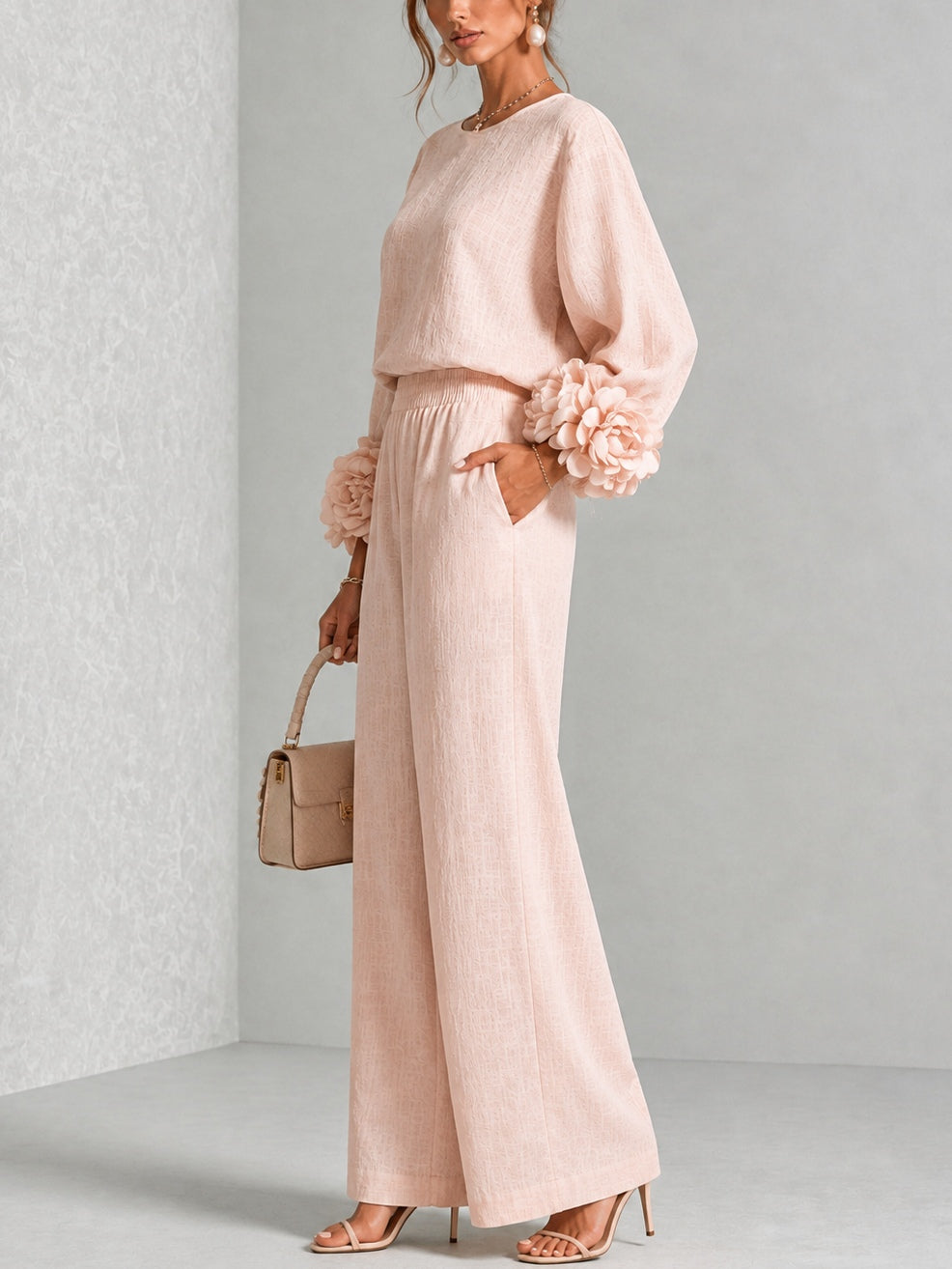Women 3D Floral Cuff Linen Two‑Piece Outfit, Long Sleeve Blouse & Elastic Waist Wide Leg Pants Set
