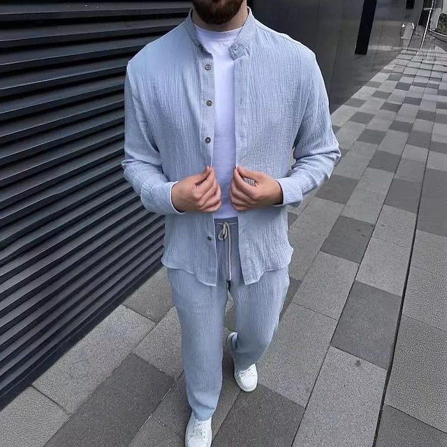 Men's 2 Piece Shirt Set Matching Sets Cotton & Linen Button Up Shirt + Pant sets