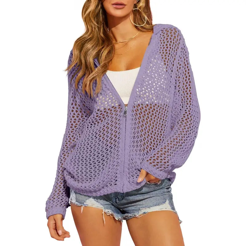 Women's Crochet Lightweight Cardigan Zip Up Hooded Long Sleeve Knit Sweater Mesh Beach Swim Cover Up
