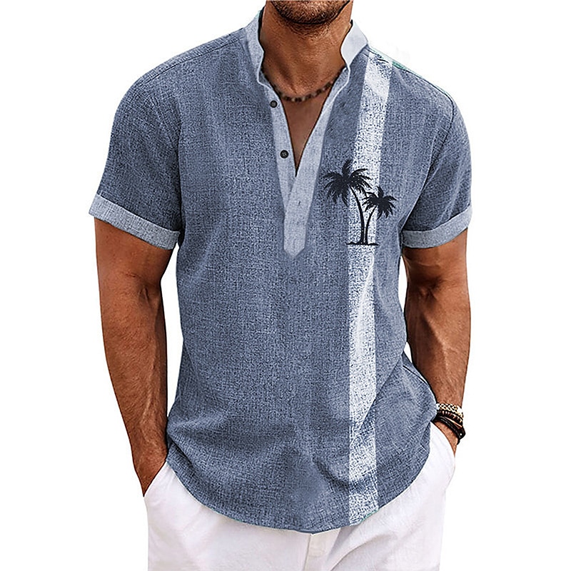 Men's Shirt Linen Shirt Beach Shirt Coconut Tree Outdoor Vacation Light Green Navy Blue Blue Brown Short Sleeve Stand Collar Summer Spring Clothing Apparel Print