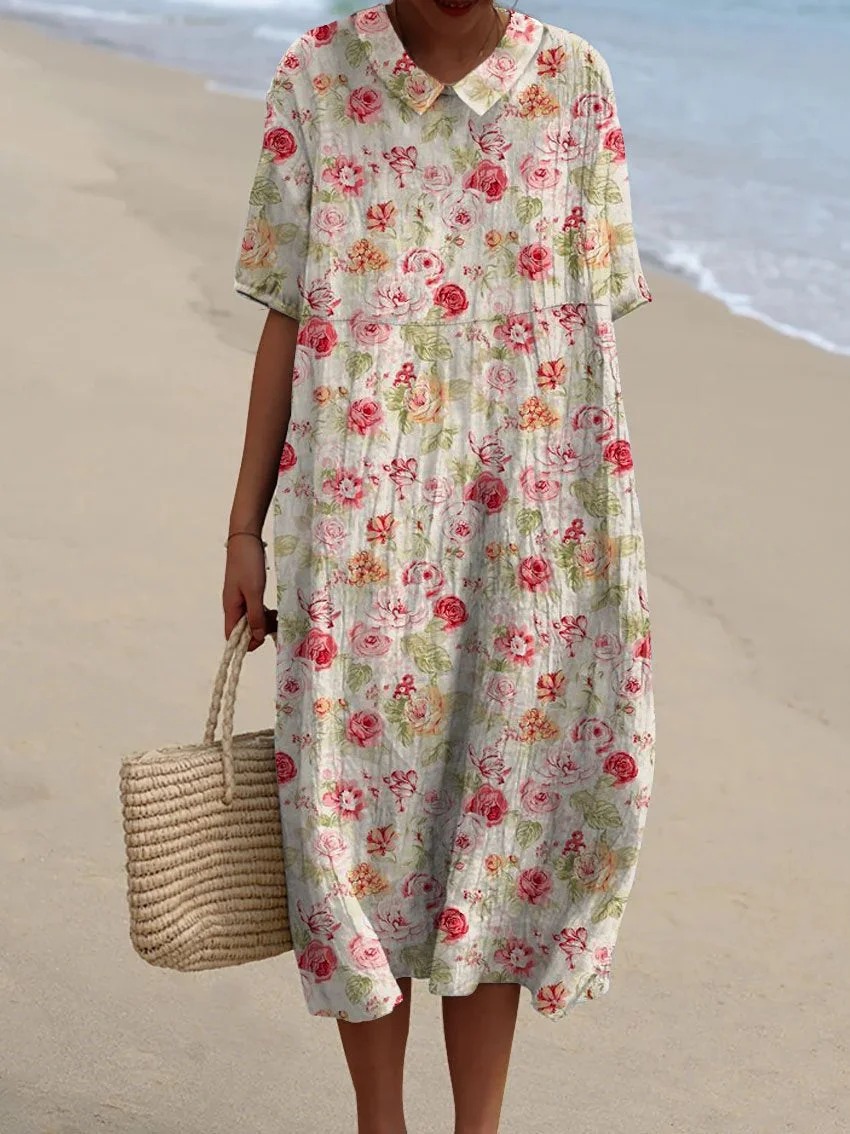 Women's Vintage Floral Art Print Pocket Linen Dress（Convertible Dress With Front And Back Option）