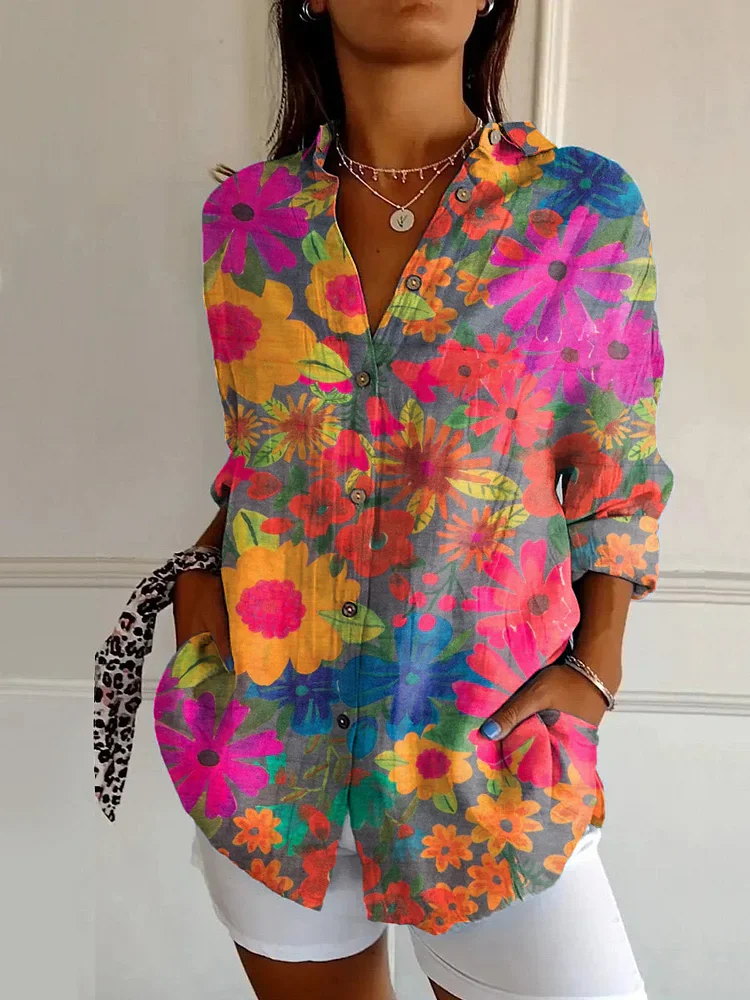 WOMEN'S ABSTRACT LINE COTTON LINEN SHIRT