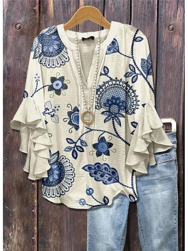 Women's vintage blouse-style multi-layer ruffled top with 3D printed vintage floral pattern, 3/4 length sleeves