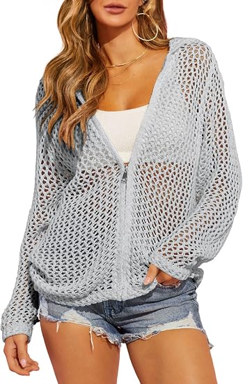 Women's Crochet Lightweight Cardigan Zip Up Hooded Long Sleeve Knit Sweater Mesh Beach Swim Cover Up