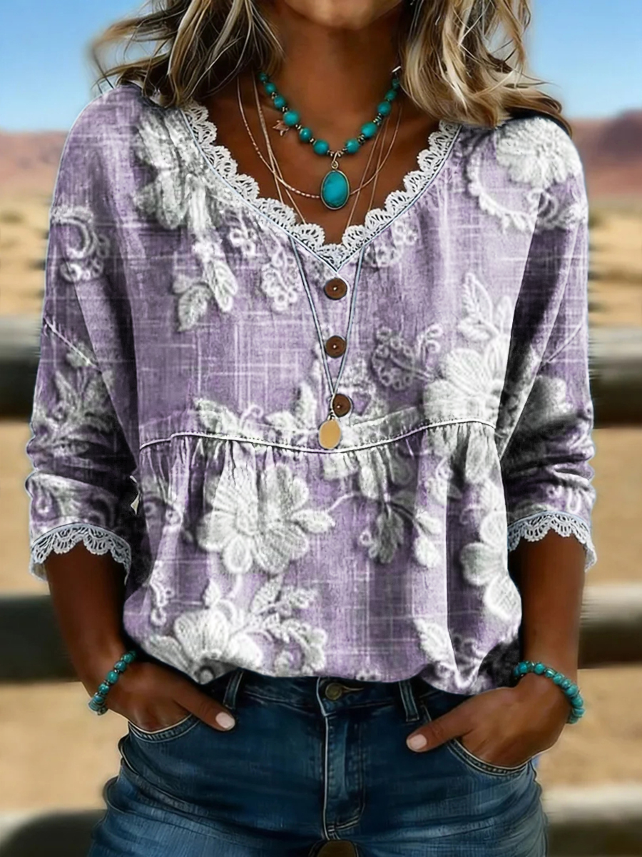 Women's Vintage Floral Print Casual Hollow-Out Denim Shirt