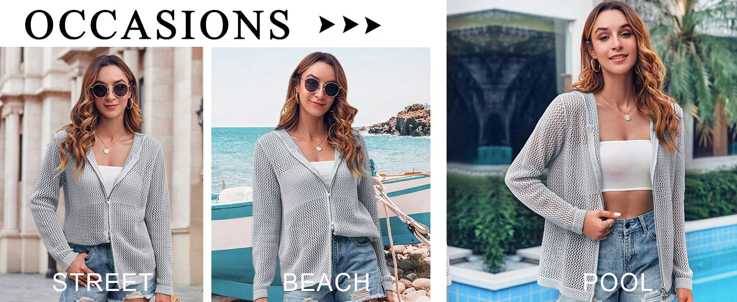 Women's Crochet Lightweight Cardigan Zip Up Hooded Long Sleeve Knit Sweater Mesh Beach Swim Cover Up