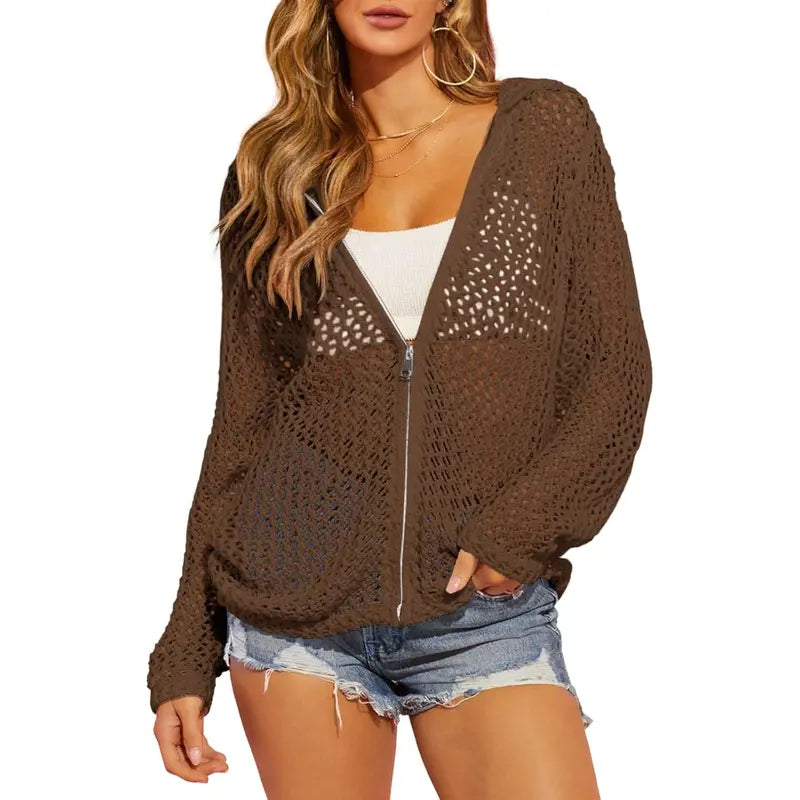 Women's Crochet Lightweight Cardigan Zip Up Hooded Long Sleeve Knit Sweater Mesh Beach Swim Cover Up