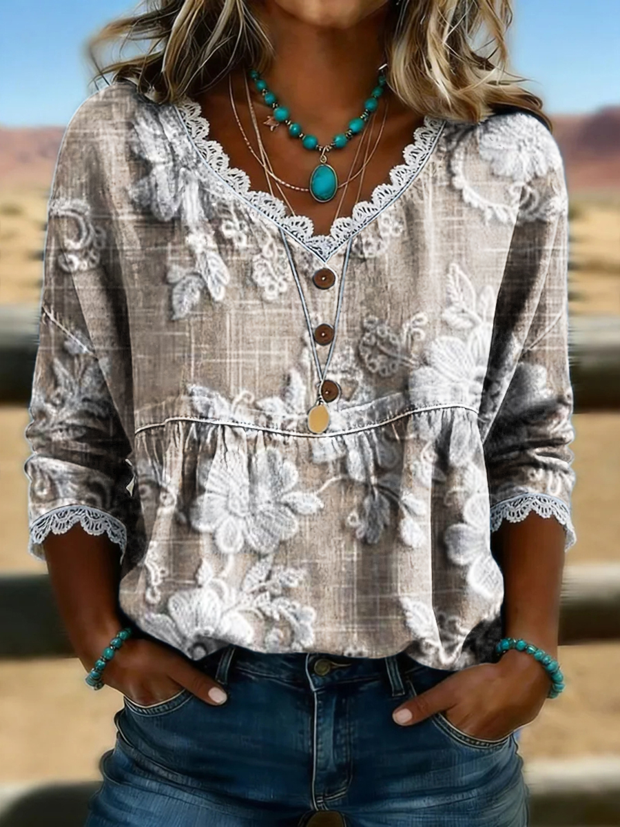 Women's Vintage Floral Print Casual Hollow-Out Denim Shirt