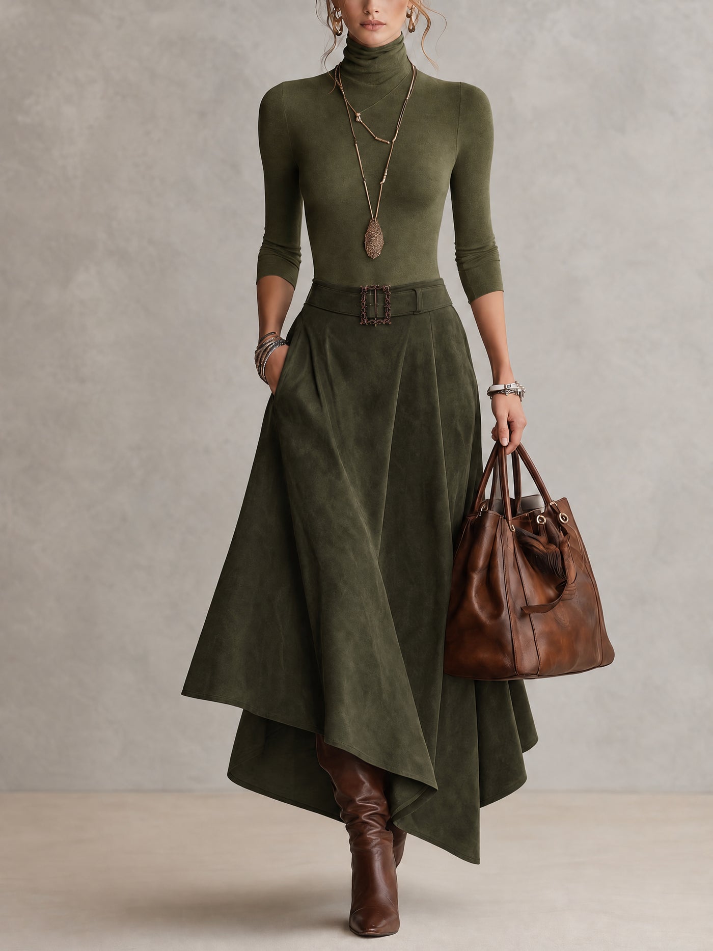 Suede skirt two-piece set (includes belt)