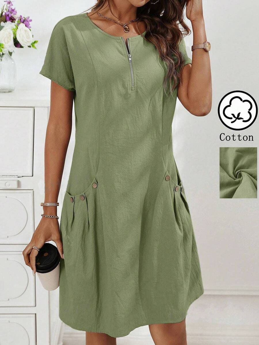 Women's Cotton Linen Double Side Pocket Long Dress