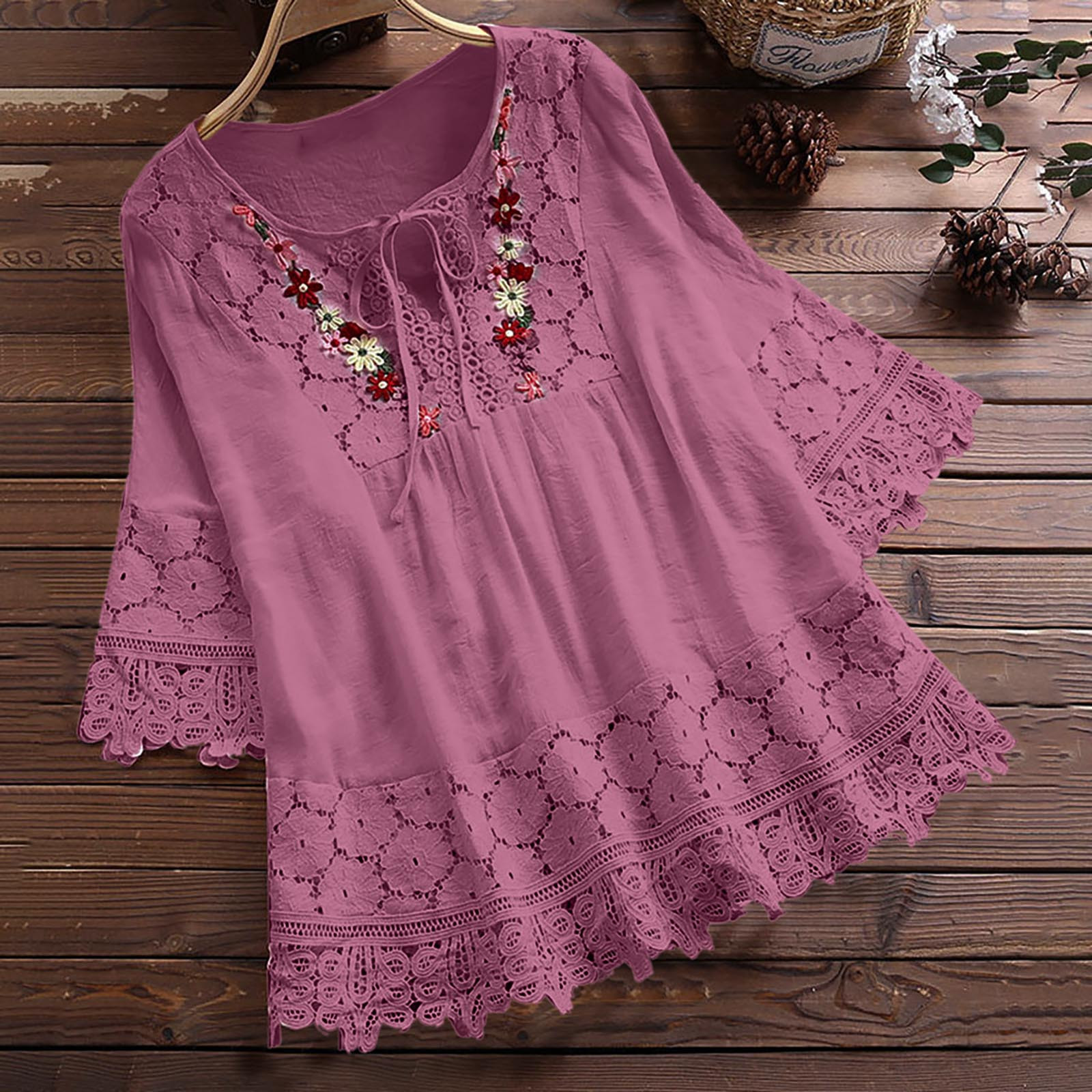 Women's Blouses Loose Belted Lace 3/4 Sleeves Blouse