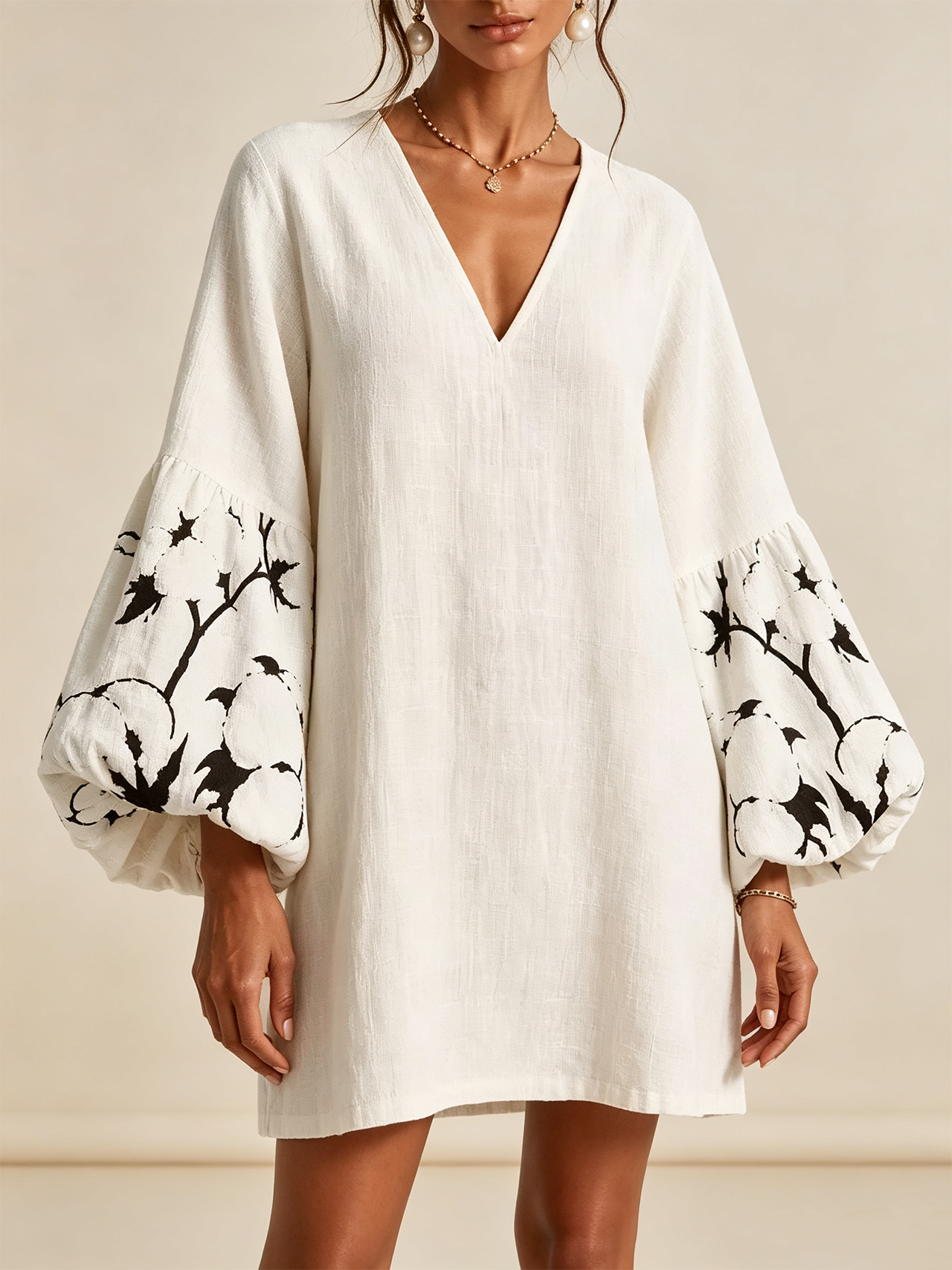 Relaxed Linen Dress — Flowy Balloon Sleeves & Unique Floral Cuffs