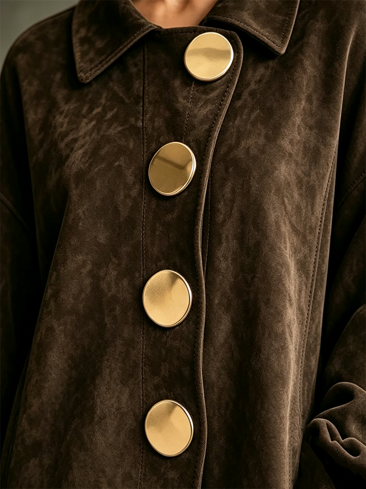 Chic Oversized Suede Jacket with Bold Gold Buttons