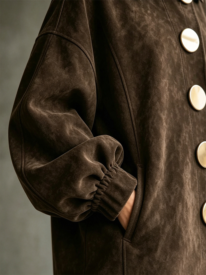 Chic Oversized Suede Jacket with Bold Gold Buttons