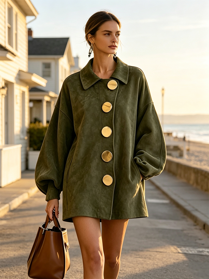 Chic Oversized Suede Jacket with Bold Gold Buttons