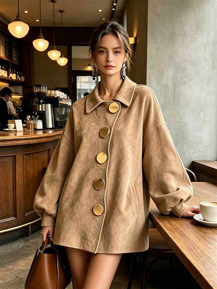 Chic Oversized Suede Jacket with Bold Gold Buttons