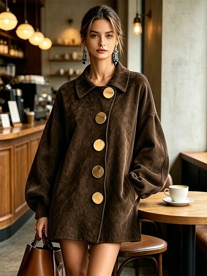 Chic Oversized Suede Jacket with Bold Gold Buttons