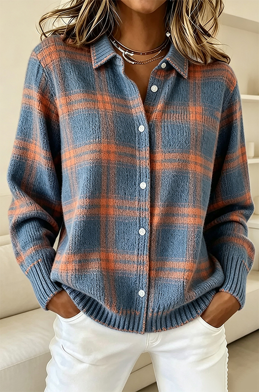 Women's Plaid Print Casual Cotton Buttoned Cardigan Sweater